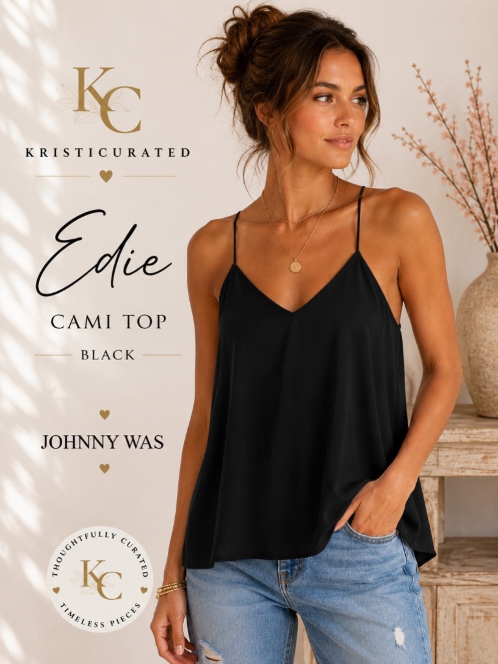 Johnny Was Edie Cami Top Black Silk Blend NWT M